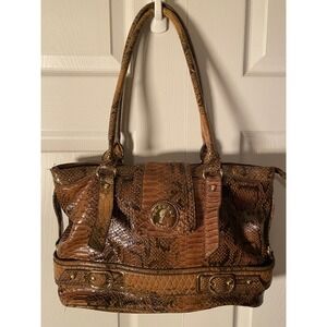 Vecceli Italy Brown Snakeskin Embossed Shoulder Bag Gold Hardware Satchel